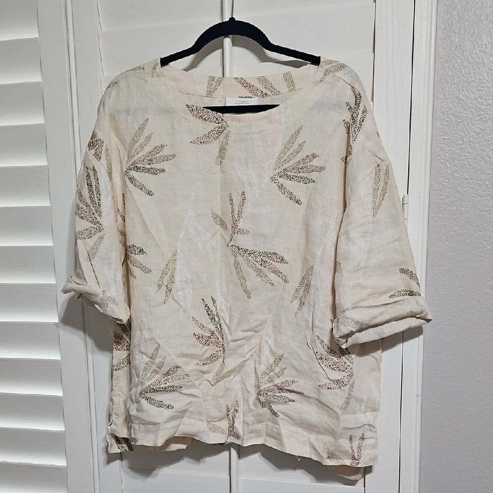 Charter Club Cream Leaf Print Blouse Linen